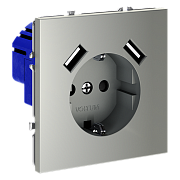 Розетка с заземлением и защитными шторками, 16А, с USB, A+A,  (сталь) VOLTUM S70